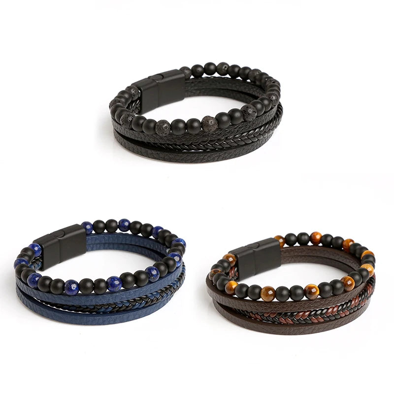 Fashion Men Jewelry Hand Woven Men's Bracelet tiger Eye Stone Beaded Titanium Steel Multiple Leather Bracelet for Men