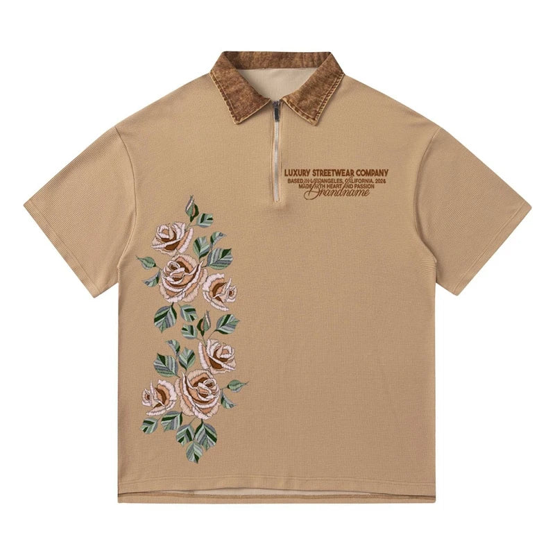 Men's American Oversized Streetwear Rose Printed T-shirts Waffle Half Zip Polo Collar T Shirt Men