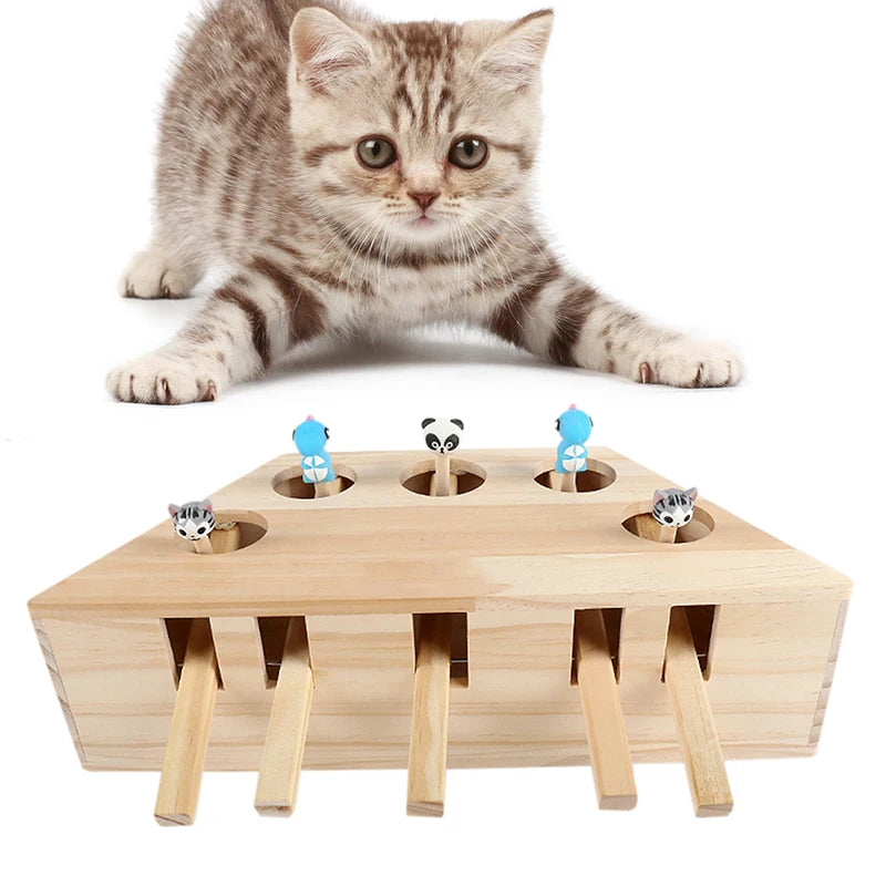 Funny Cat Toy Mouse Solid Wooden Interactive Maze Pet Hamster Five Holes Scratch Toys
