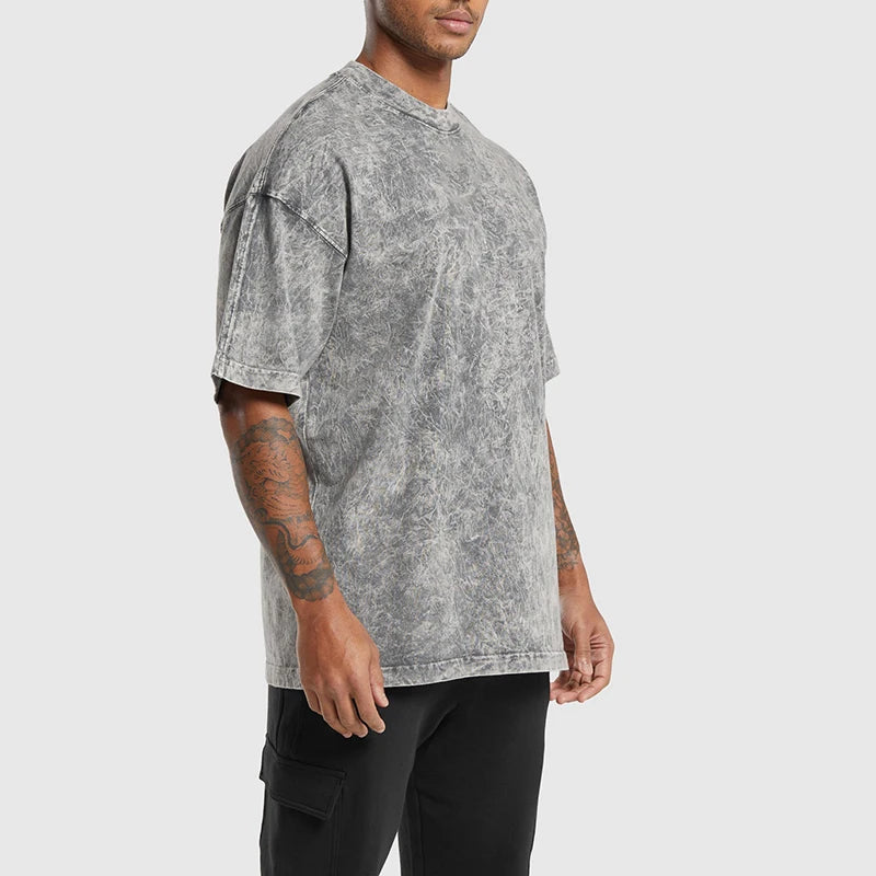 OEM Custom Logo 100% Cotton Heavyweight T-shirts Snow Wash Oversize Short Sleeve Crew Neck Streetwear Sports T-shirt for Men