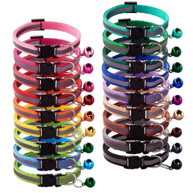 18 Colors Pet Reflective Black Buckle Patch Collar Cat and Dog Bell Collar Pet Light Collar