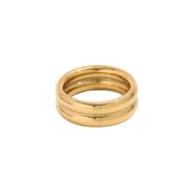 Double Layer Stainless Steel Geometric Hollow Gold Color Fashion Metal Smooth Ring Texture Chic Jewelry for Women