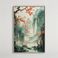 Cherry Blossom Falls Art Tranquil Waterfall Landscape Inspired Nature Scene Peaceful Canvas Wall Print for Home Room Decor