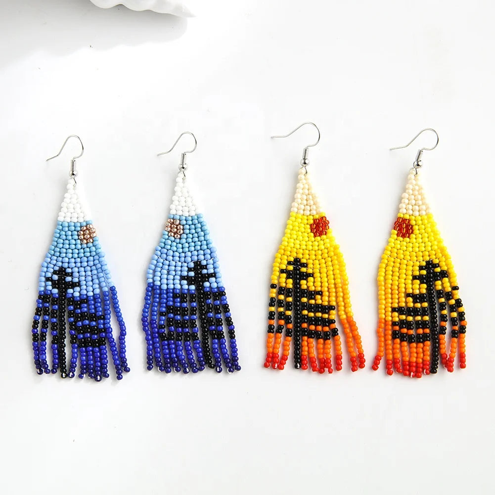 Bohemian Glass Bead Tree Sunset Dangle Earrings for Women Multi-Colored Fringed Beaded Earrings.