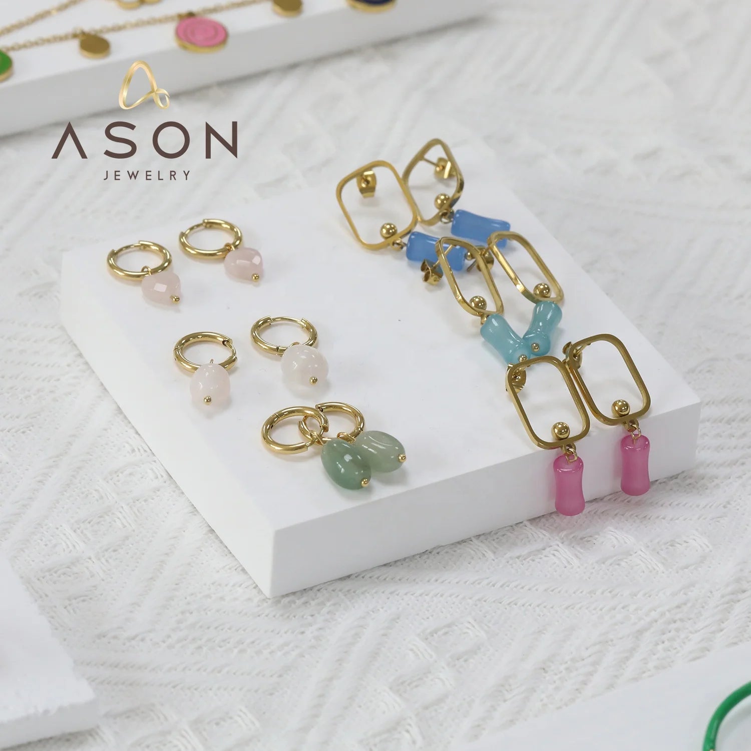 Ason Fashion Jewelry 18K Gold Plated Stainless Steel Colorful Geometric Earring Elegant Opal Jewelry Hoop Earrings for Women