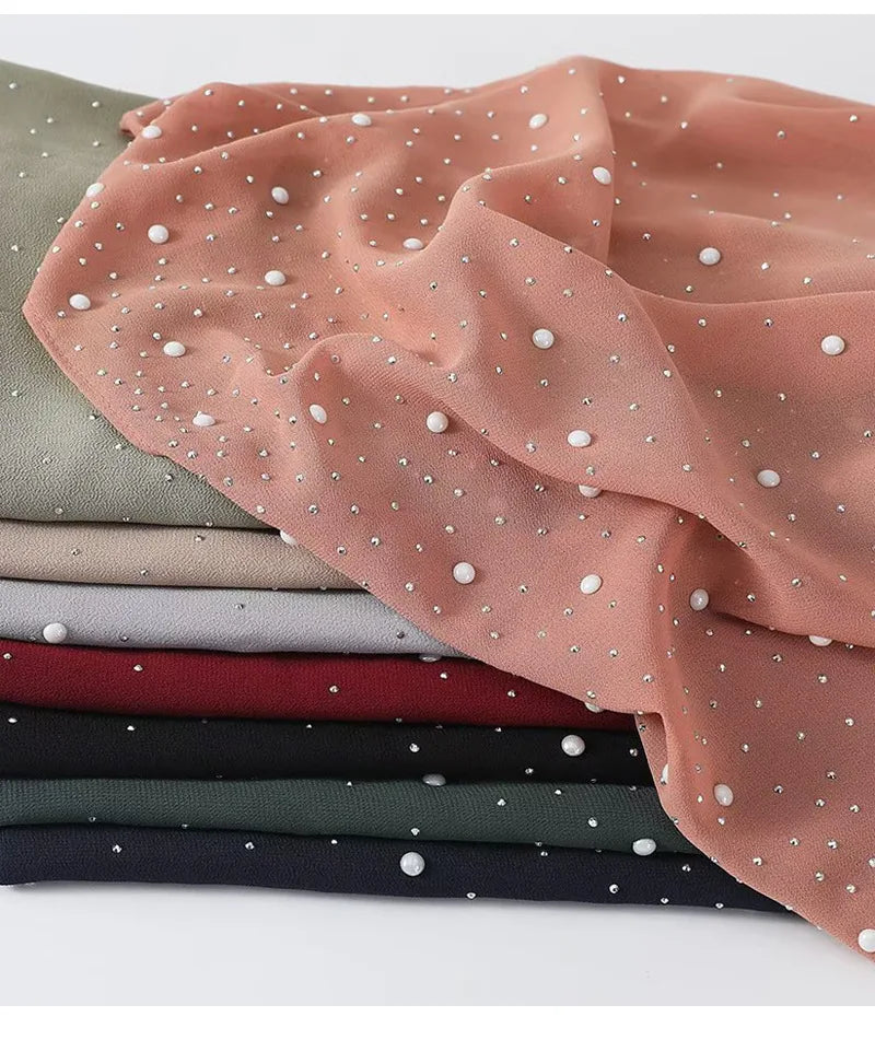 New Arrival Fashionable Islamic Scarf Muslim Chiffon Hijab with Pearls Design Ethnically Styled Scarves and Shawls
