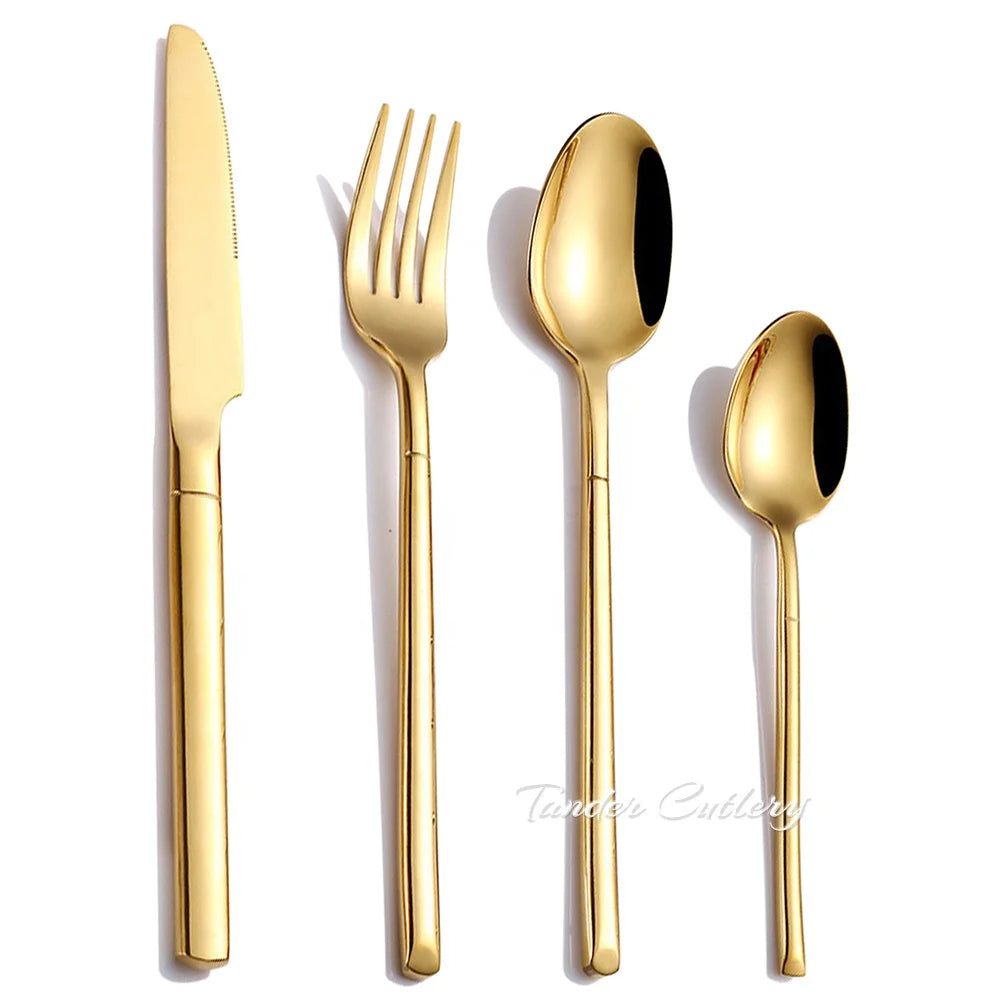 Small MOQ Promotion-18/8 Stainless Steel Cutlery Set with Gold Plating Food-Safe Flatware Black Handle Spoon Fork for Parties
