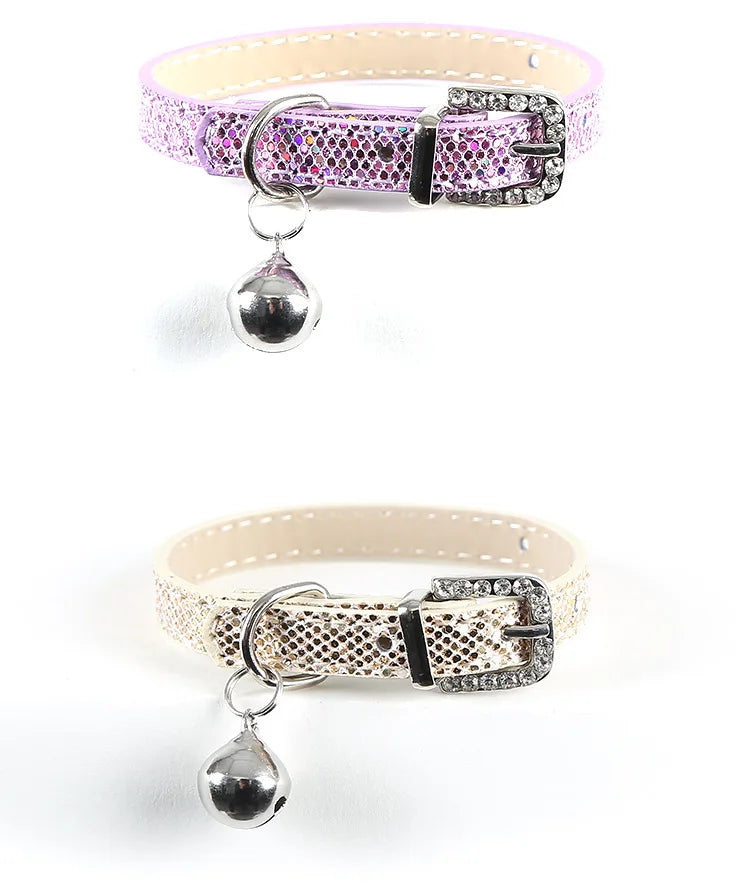 Wholesale Glitter Diamante Finish Leather Dog Collar with Rhinestone Buckle and Bell