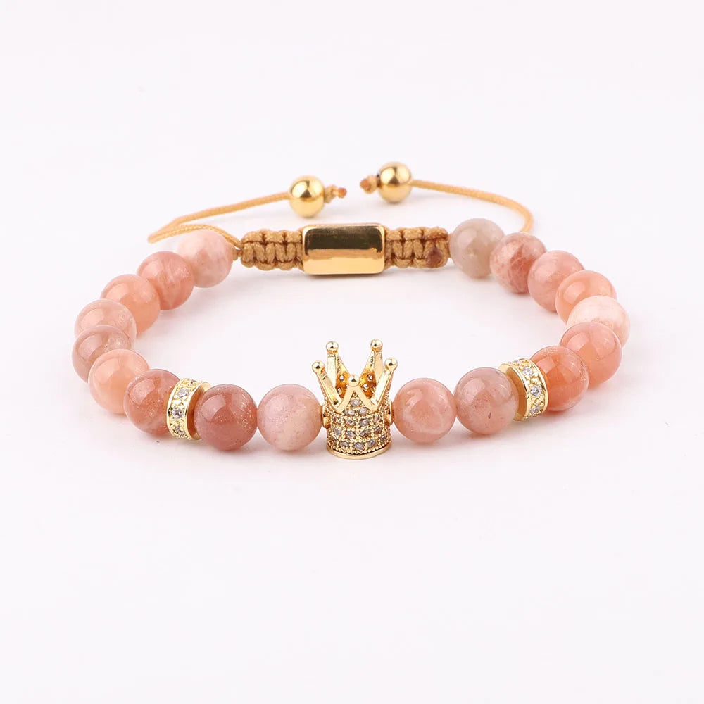 New Design Natural Stone Sunstone Cubic Zircon Crown Charm Adjustable Custom Logo Macrame Bracelet JBS12268