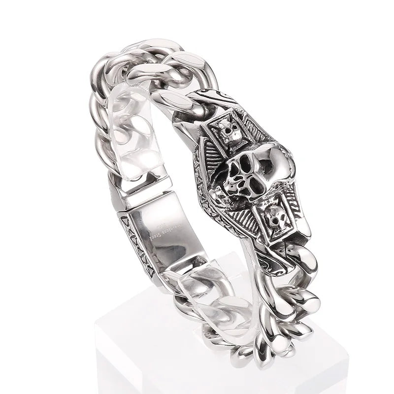 KALEN 210mm Men Punk Stainless Steel Skull Charm Clasp&Cuban Links Bracelet