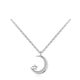 Fashion Jewelry Clavicle Chain 925 Sterling Silver Rhodium Plated Cubic Zirconia Star and Moon Pendant Necklace