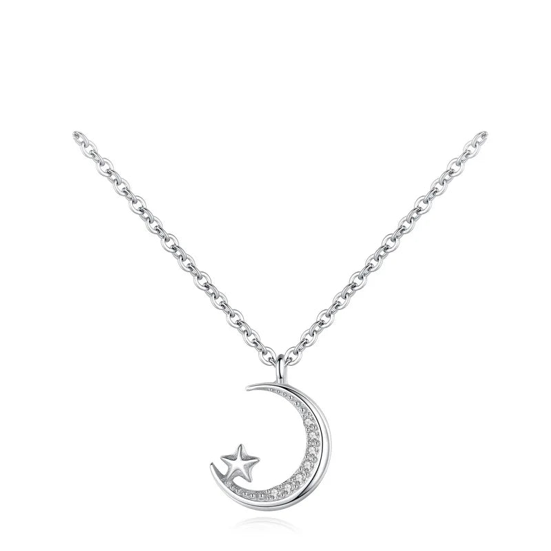 Fashion Jewelry Clavicle Chain 925 Sterling Silver Rhodium Plated Cubic Zirconia Star and Moon Pendant Necklace