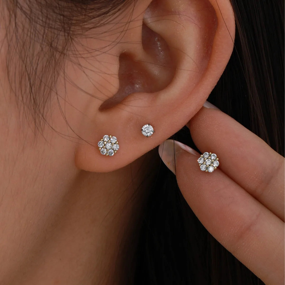 14K Gold Plated CZ Flower Stud Earrings Micro Pave Cluster Design for Women Daily & Party Wear