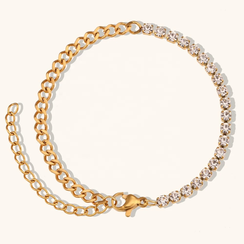 Dingran Stainless Steel Bracelet Zircon Cuban Link Chain Bracelet 18K Waterproof Gold Plated Jewelry