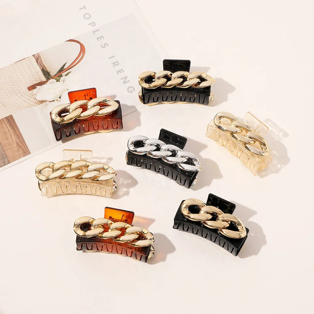 Women Big Hair Accessory Ponytail Hairclips Silver Gold Linked Cuban Chain Hair Claws Clips Custom Black clear Hair Claw