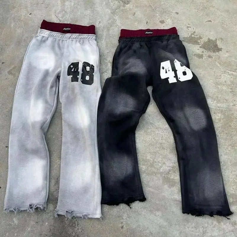 Custom Men's Streetwear Sweatpants Double Mid Wide Leg Zipper Fly Lightweight Distressed Fleece 100% Cotton Casual Straight