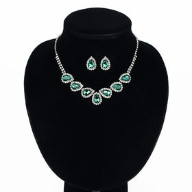 2024 Hot-sale Rhinestone Emerald Ruby Teardrop Crystal Statement Necklace and Earrings Sets Fashion Jewelry Set (KJ096)