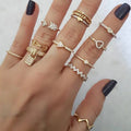 Hip-hop Punk Finger Rings Heart Knuckle Rhinestone Lock Gold Plated Crystal Open Ring Set 13 Pcs Set Women Jewelry