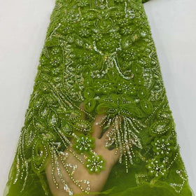 Olive Beaded Dantelle Embroidery Lace Fabric