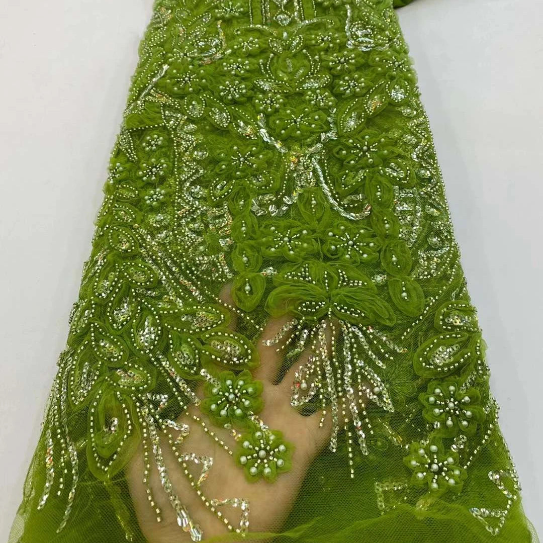 Olive Beaded Dantelle Embroidery Lace Fabric