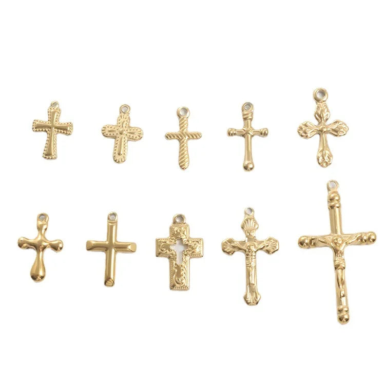 Wholesale Religious Fashion Jewelry Making Supplies 18K Gold Plated Stainless Steel Cross Charms Jesus Pendant Necklace
