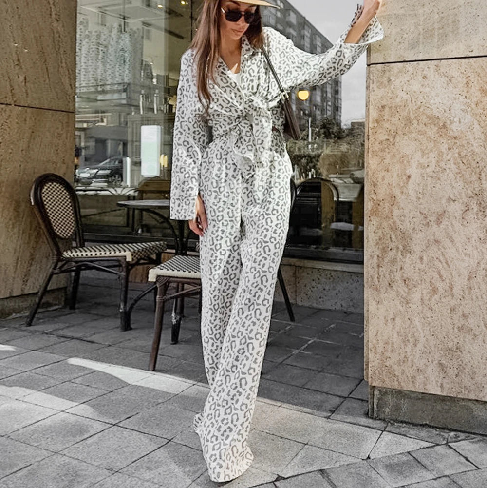 Enyami Female High Waist Buttons Loungewear Autumn Casual Cotton Leopard Long Sleeve Shirt Cardigan Long Pants Two Piece Set