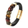 LIVE4U Men's Genuine Leather Stainless Steel 18k Gold Plated Natural Tiger Eye Gemstone Cuff Bangles Magnetic Clasp Eco Friendly