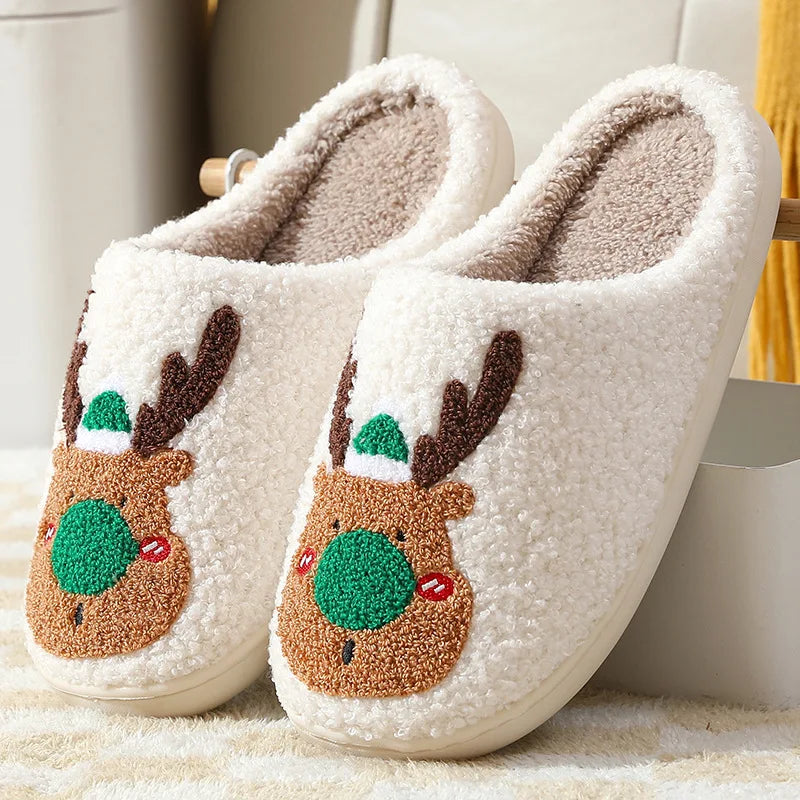 Fashion Christmas Elk Cotton slippers Winter Female Household Couples Anti-slip Warm Fluffy Soft Sole slippers