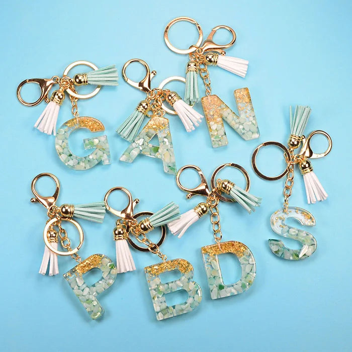 Cute 26 A-Z Glitter Epoxy Resin Alphabet Initial Letter Keychain Women Purse Handbags Resin Charms with Tassels