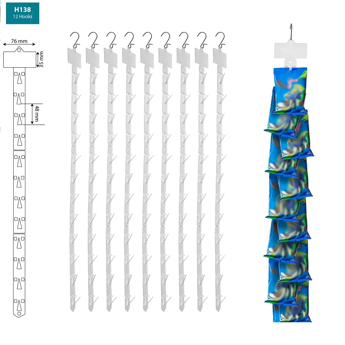 PP Foldable Custom Merchandising Clips Strips with 12 Hooks Transparent Easy Installation for Supermarkets & Convenience Stores