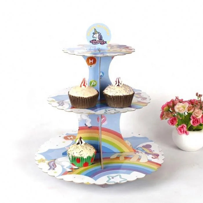 Unicorn Kids Birthday Party Cake Display Stand 3-tier Cardboard Cupcake Plate Multi Layer Cake Support