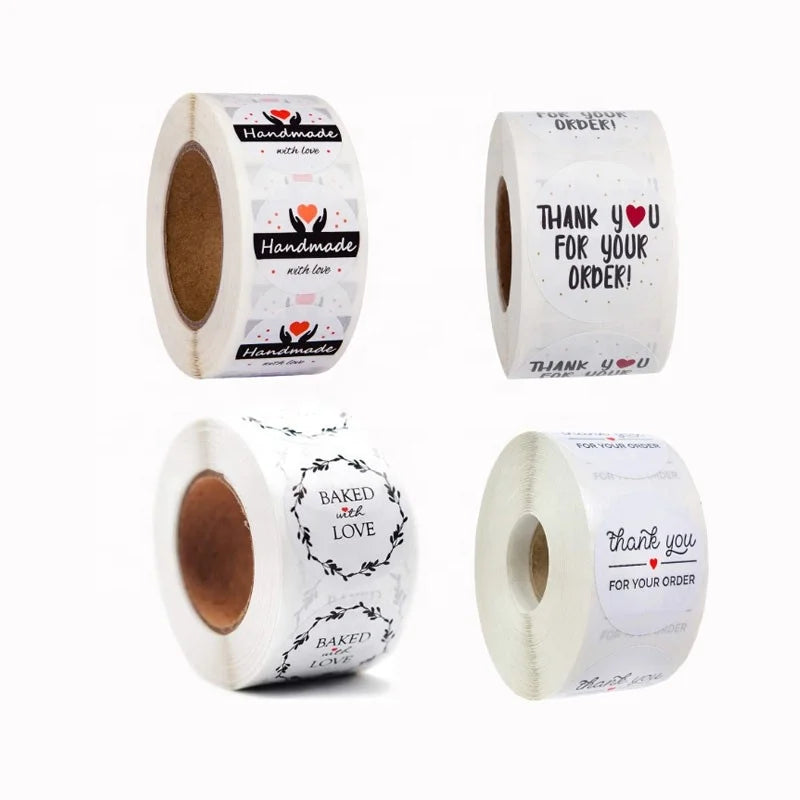 500pcs/roll Round White Thank You Decorative Package Stationery Adhesive Waterproof Kraft Paper Custom Logo Craft Sticker