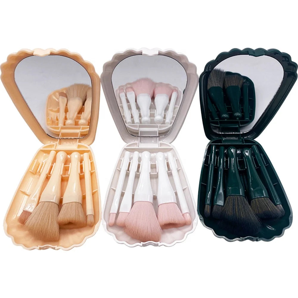 Portable 5pcs Shell Shape Synthetic Mini Travel Makeup Brushes with Mirror Case New Design for Face Use Wholesale