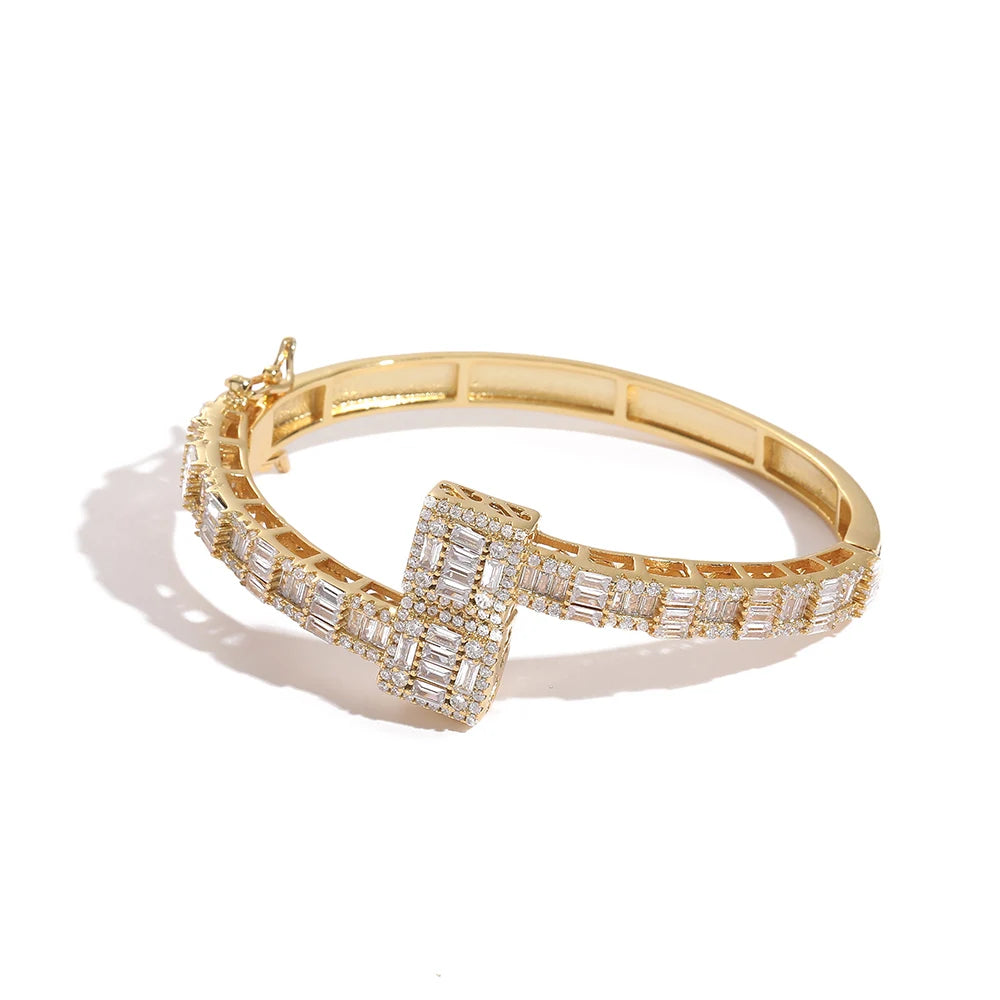 Men Women C Cuff Bangle Bracelet 18k Gold Plated Iced Out Baguette Clear CZ Openable Charm Bangle Jewelry