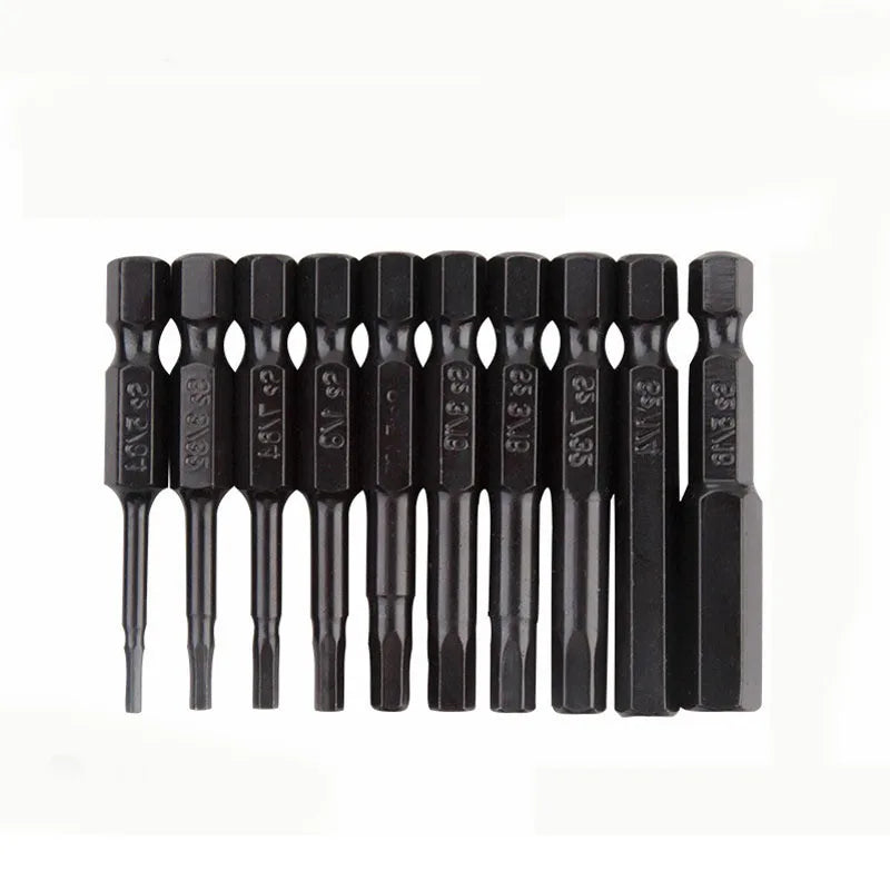 10-Piece Hexagon Socket Head S2 Electric Metric and Inch Screwdriver Bits Set Black/Silver Plastic Holder
