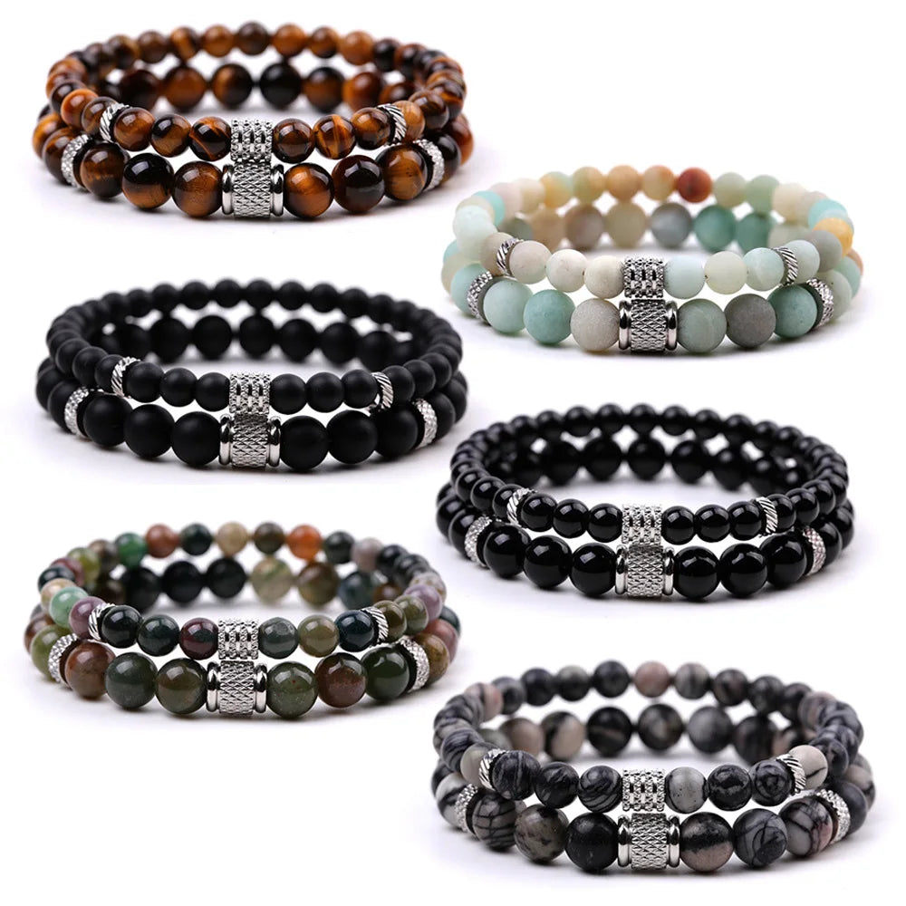 Luxury Women Jewelry Set Round Lava Crystal Natural Earth Stone Beads Couple Bracelet for Woman Gift