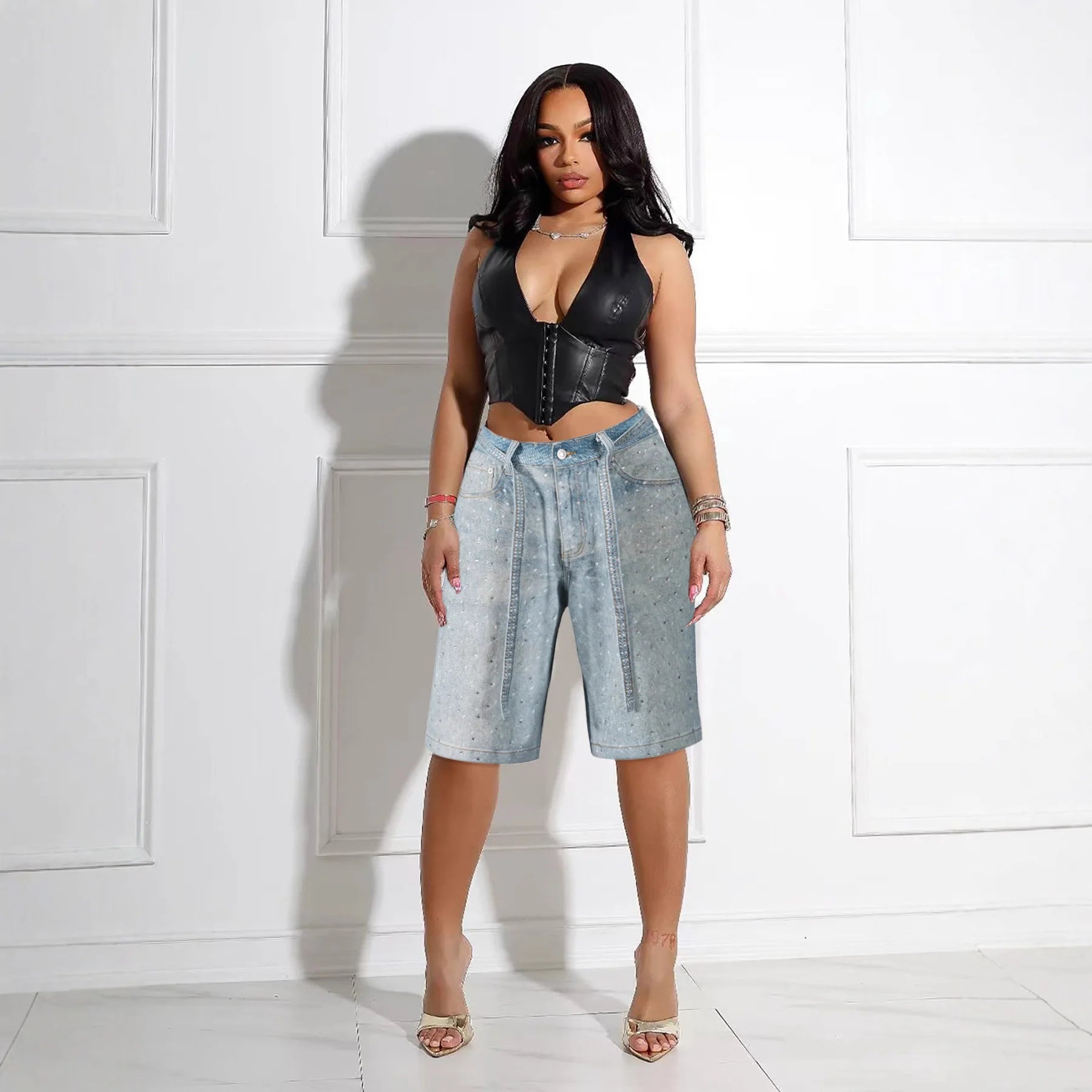 Summer Casual Streetwear Women Jeans Shorts High Waist Zipped Button Beading Denim Midi Jeans Women