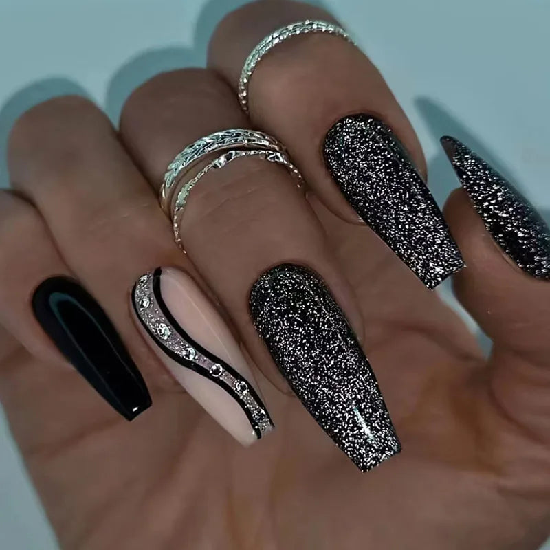 Custom Full Cover Silver Glitter Ballerina Printing False Nail Tips Decorated Artificial False Nails