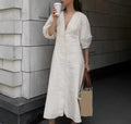 Enyami French Resort Chic Vintage Elegant Cotton Linen V Neck Puff Sleeve Short Dresses Women Casual Loose Shirt Ladies Dress