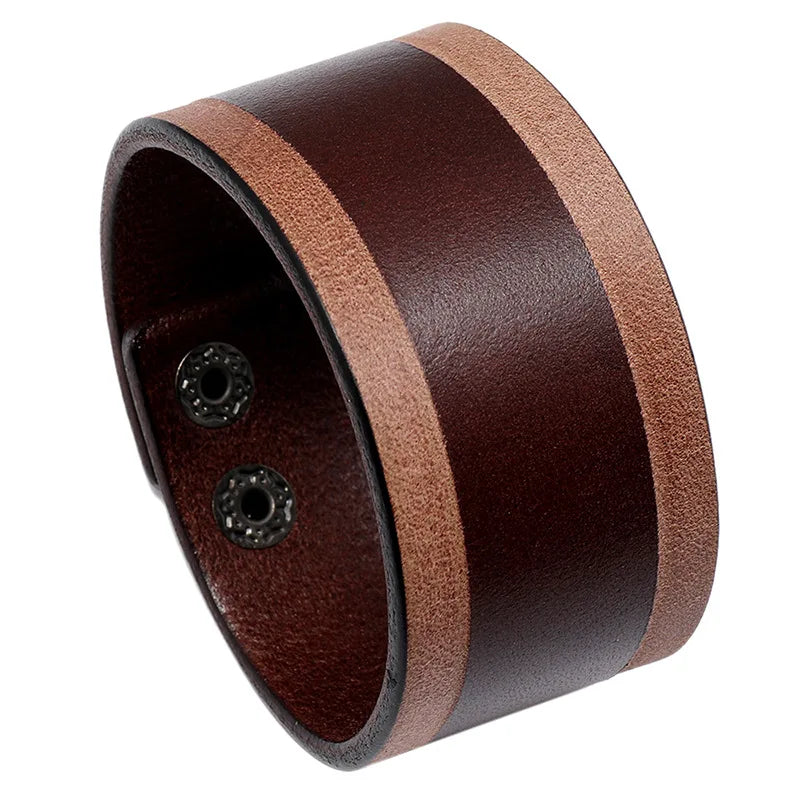 Wholesale Vintage Wide Genuine Leather Rhodium Plated Unisex Punk Gothic Cowhide Geometric 23cm Bangle Factory Direct Sales