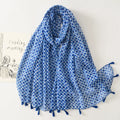 Newest Design Summer Thin Blue White Rhombic Full Printed Shawls Geometric Pattern Soft Polyester Voile Print Tassels Scarf