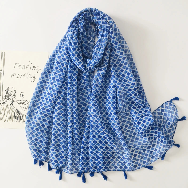 Newest Design Summer Thin Blue White Rhombic Full Printed Shawls Geometric Pattern Soft Polyester Voile Print Tassels Scarf