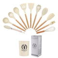 Custom logo 12 Pcs Non-Stick Kitchen Accessories Silicone Cookware Set with Wood Handle Cooking Tool Silicone Cooking Utensil