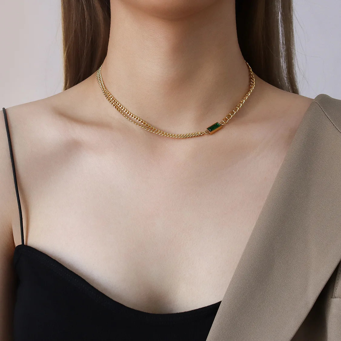 New Trendy Women's Jewelry Necklace and Bracelet Set 18k Gold Plated Cuban Link Chain Bracelet With Square Stone