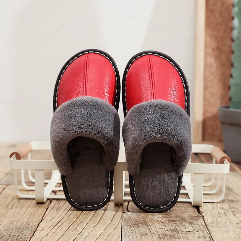 Indoor Winter Men and Women Warm Home Leather slippers New Thickened Cowhide Fur slippers