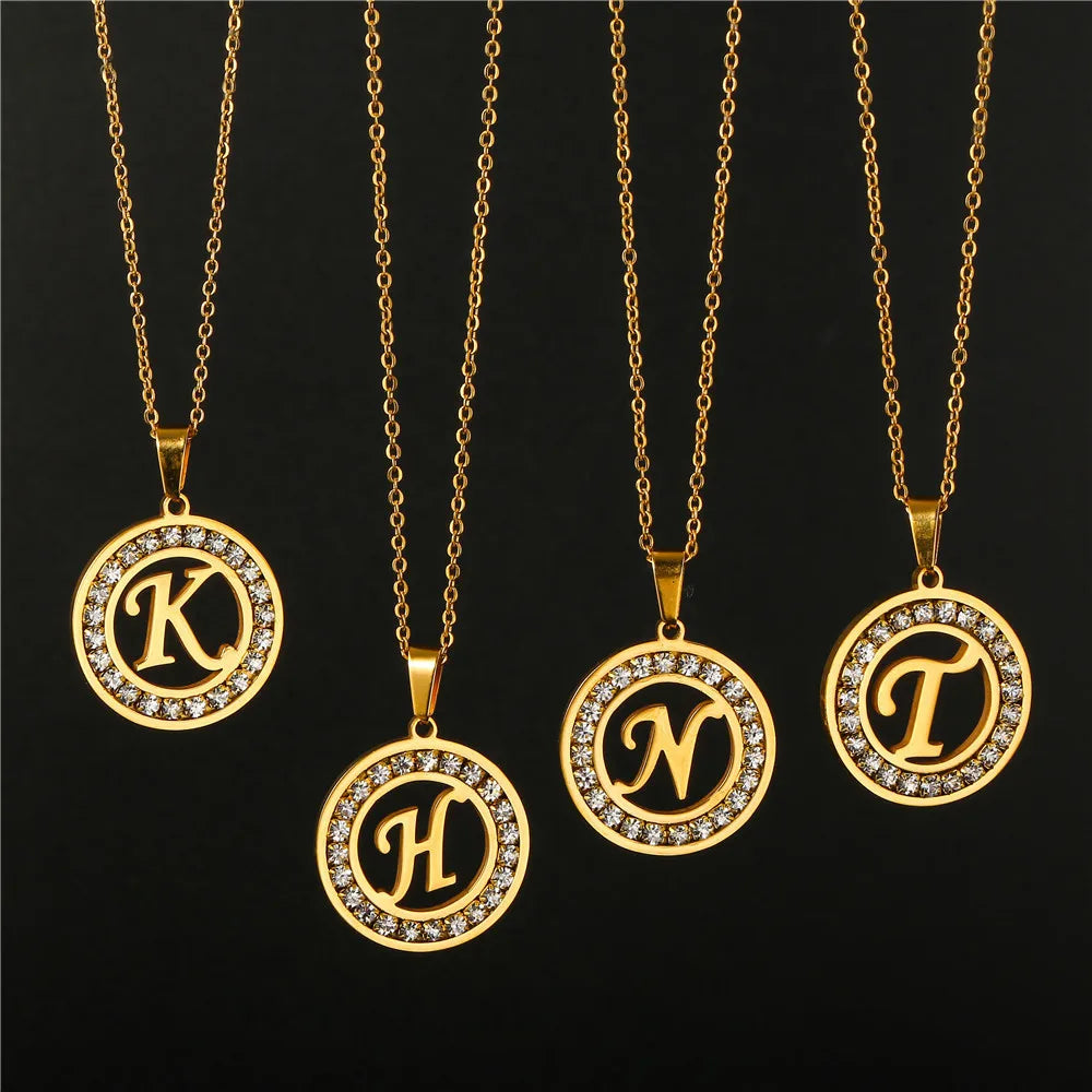 Fashion 18K Gold Stainless Steel Alphabet Letter Necklace Hollow Round Micro Insert CZ Diamond Initial Necklace (KSS428)