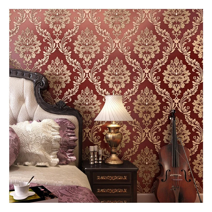 Non-Woven Wallpaper Vintage Floral 3D Embossed Red Wallpaper Contact Paper Damask Designs Decorative Wall Paper for Living Room