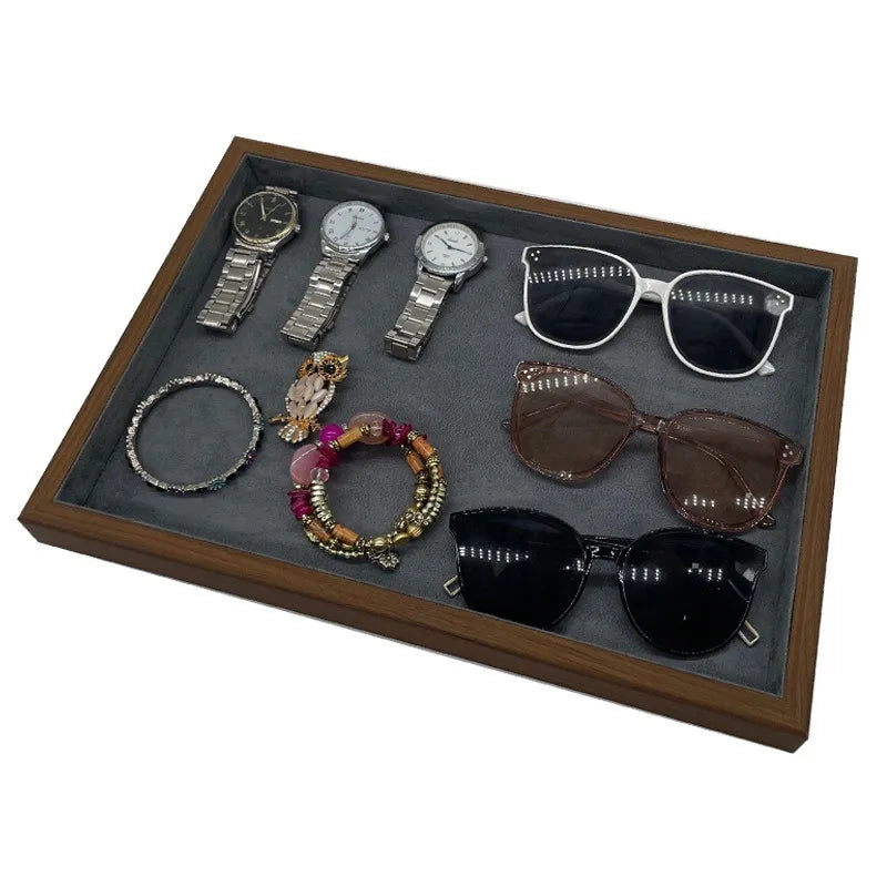 Antique Style Nice Luxury Dark Walnut Grain Empty Wood Velvet Jewelry Organizer Tray Glasses Show Case