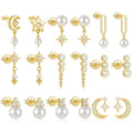 Wholesale Fashion Jewelry 925 Sterling Silver Moon Star Pendant Round Pearl Zircon Gold Plated Stud Earrings for Women