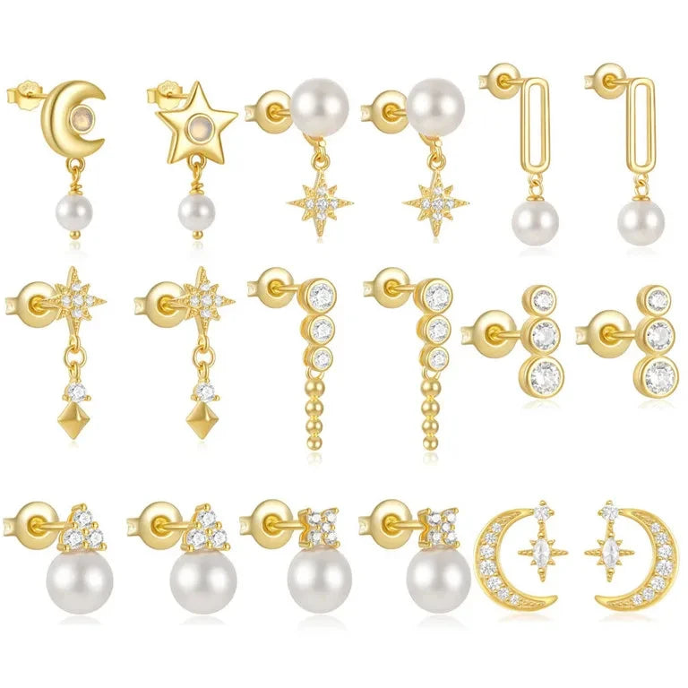 Wholesale Fashion Jewelry 925 Sterling Silver Moon Star Pendant Round Pearl Zircon Gold Plated Stud Earrings for Women